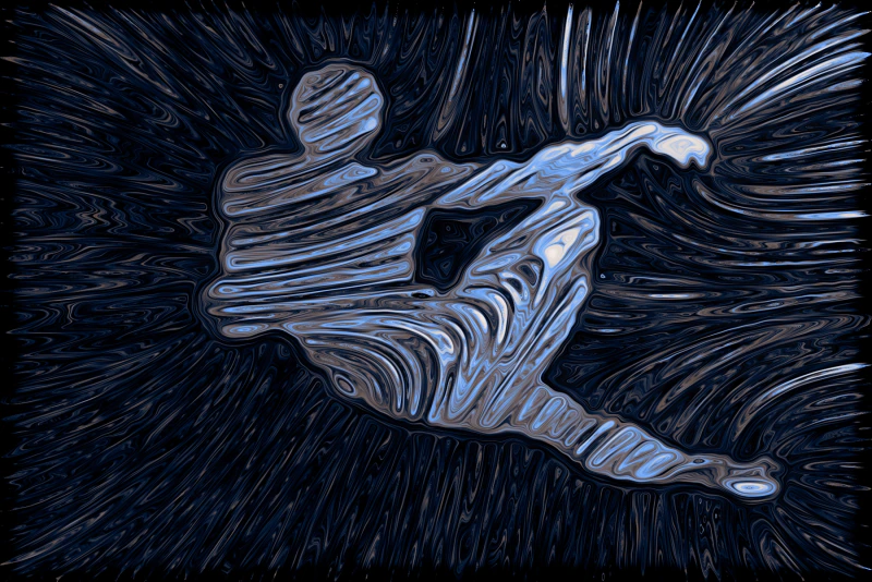 Adam in rust — two reclining figures reach toward each other through pale blue and rust contours against black