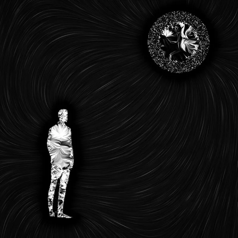 man v. annulus — a figure confronts a circular form surrounded by electric field lines