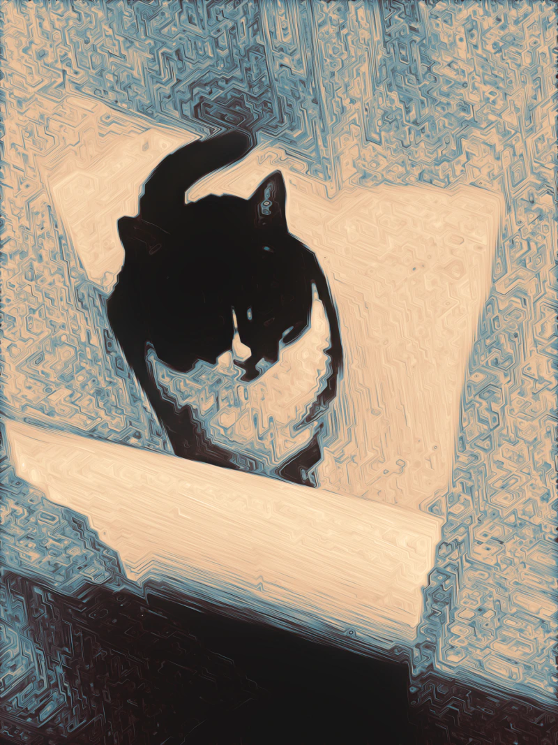 Cat, in crystal — a black cat standing in a bathtub amid pale peach and blue contours
