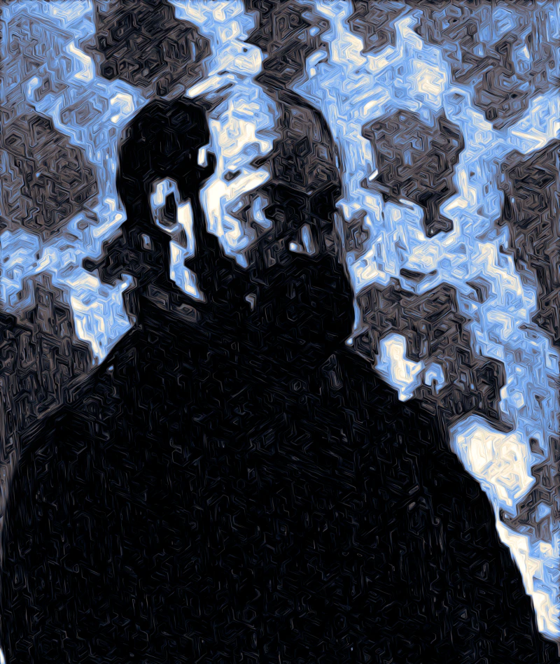 Cézanne, in crystal — a dark bearded portrait amid angular pale-blue and charcoal contours