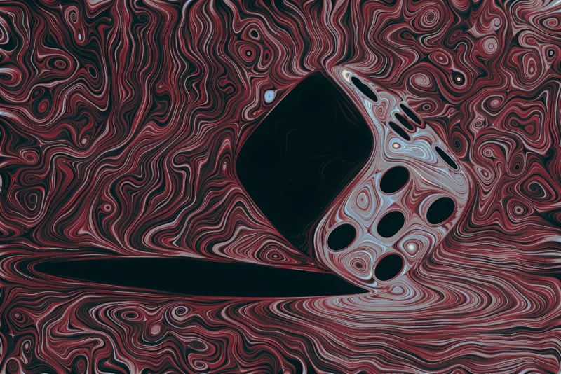 die in turbulence — a tilted die above its shadow amid red, black, and pale blue field lines