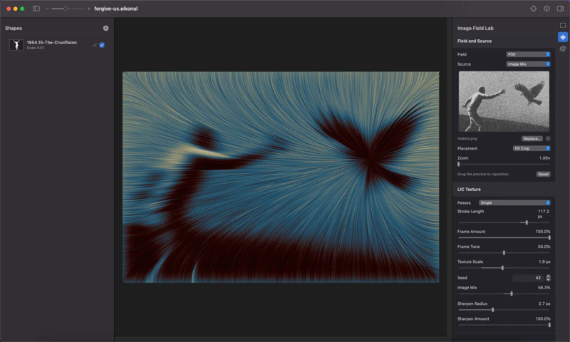 Eikonal interface showing forgive us in progress, with the source image, shape list, and LIC controls visible