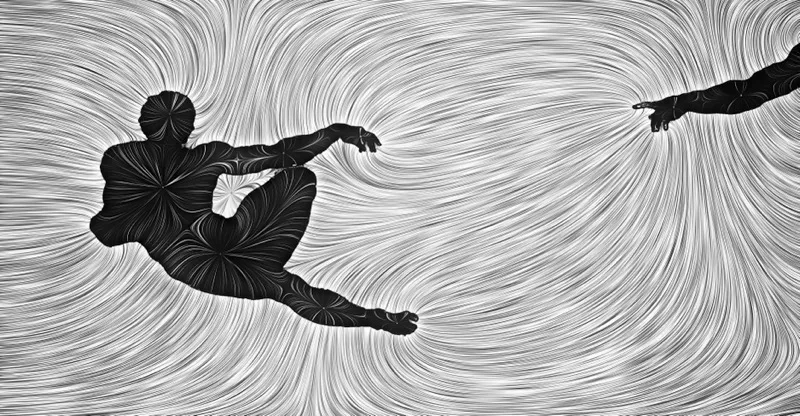 electrogenesis — two figures reaching toward each other through flowing electric field lines