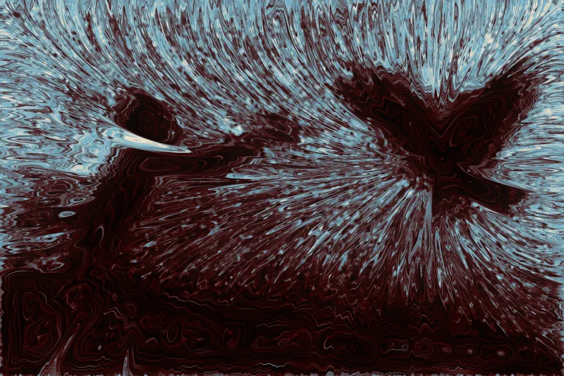 Forgive us II — a dark figure reaching toward a starburst across rippling blue and oxblood lines