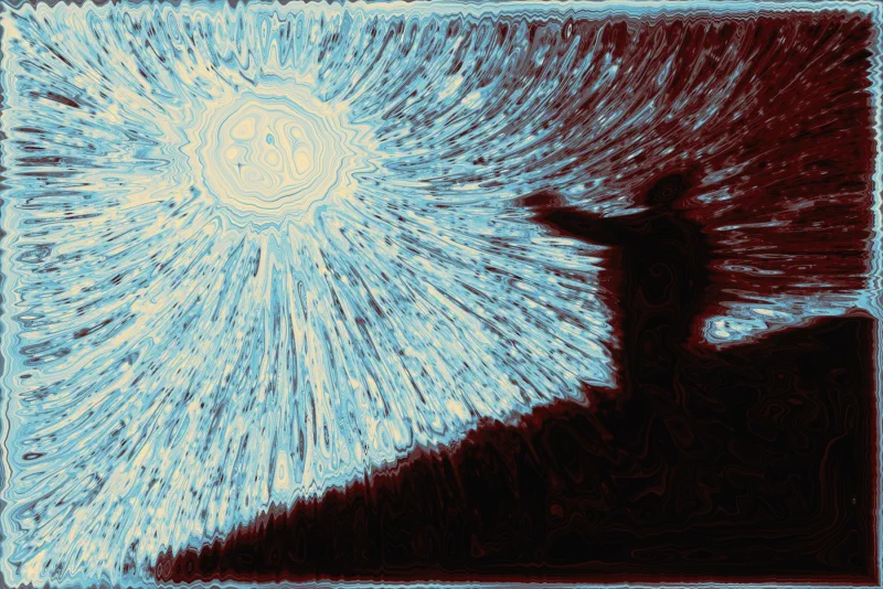God is NaN II — a dark seated figure facing a radiant disk across pale blue and oxblood contours