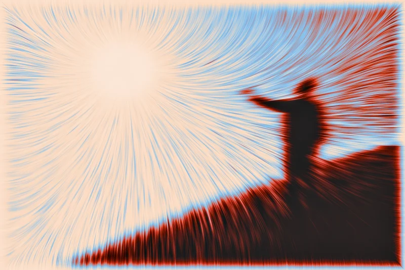 God is NaN — a radiant white sun over a cream field, a deep oxblood figure on a ridge, pale blue filaments streaming outward
