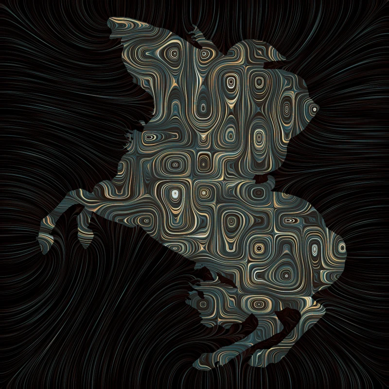 Corsican vector field — a rider on a rearing horse formed from gold, teal, and cream field lines against black