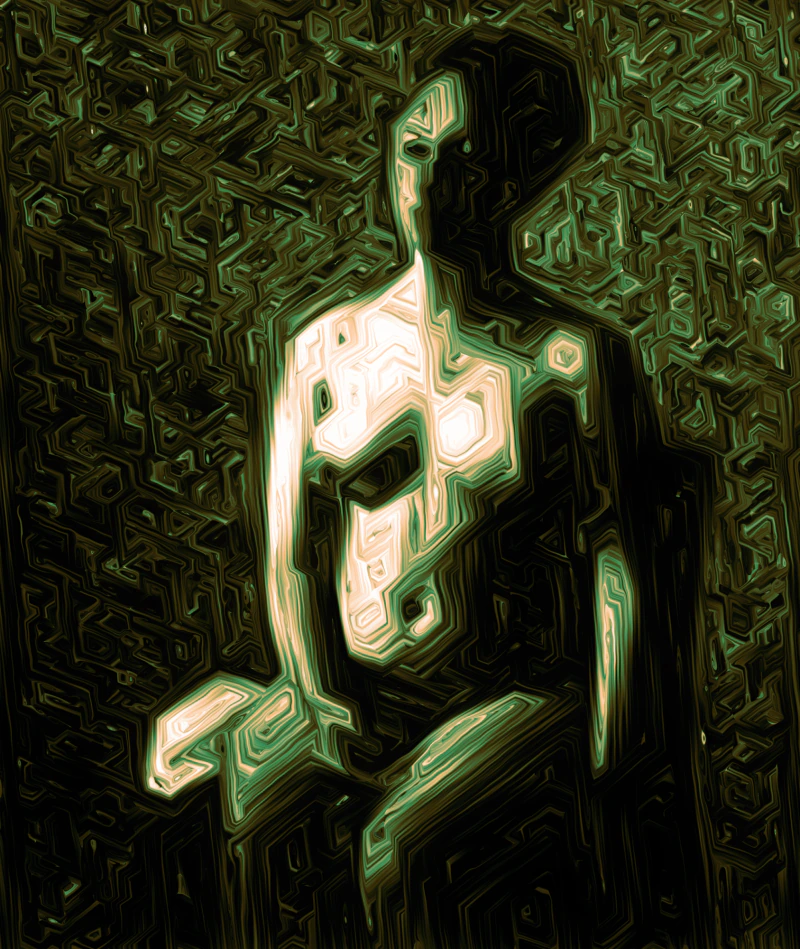 Hammershøi, in crystal — a seated woman in black amid luminous green and cream contours