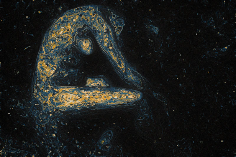 La Cigale — a seated figure bent over one knee in gold and blue contours against black