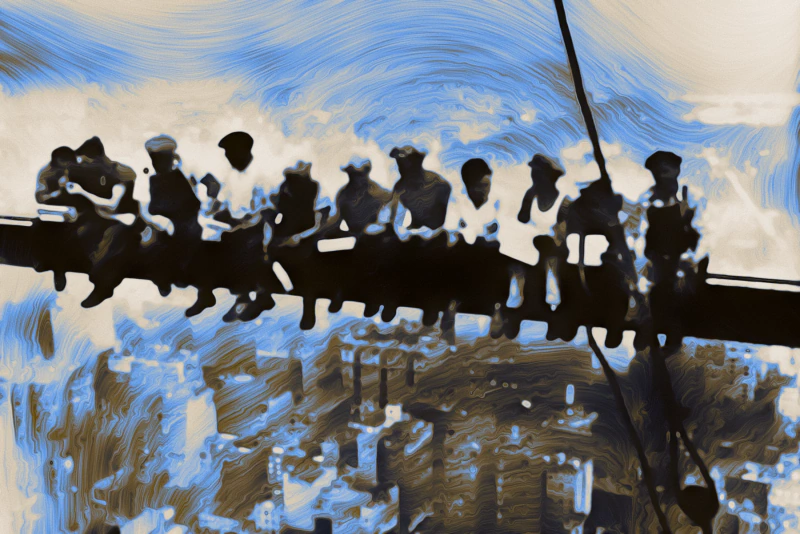 Lunch atop a skyscraper — workers seated on a steel beam above a city, rendered in pale blue, cream, and black field lines