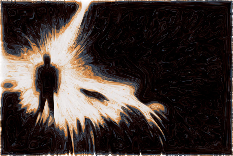 Paths, pick — a dark figure stands before a branching field of white, amber, and blue contours