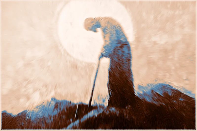 Pragmatism — a bowed figure on a dark ridge beneath a pale sky, rendered in blue and rust field lines