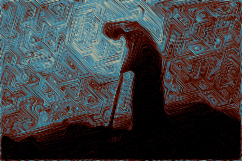 re—place — a dark seated figure amid angular blue, cream, and rust contours