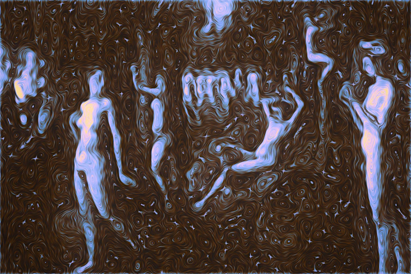 spirits — luminous blue figures drifting through a dark brown field