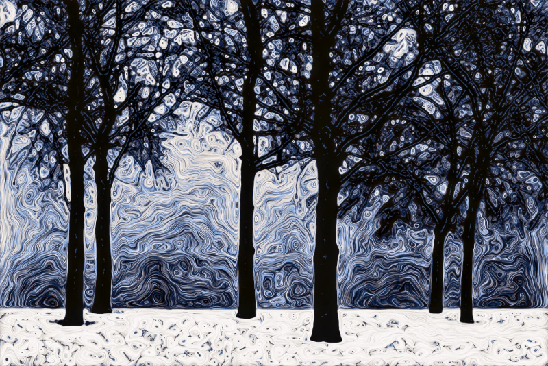 Chicago — dark tree trunks against snowy ground, rendered in blue-black and white field lines